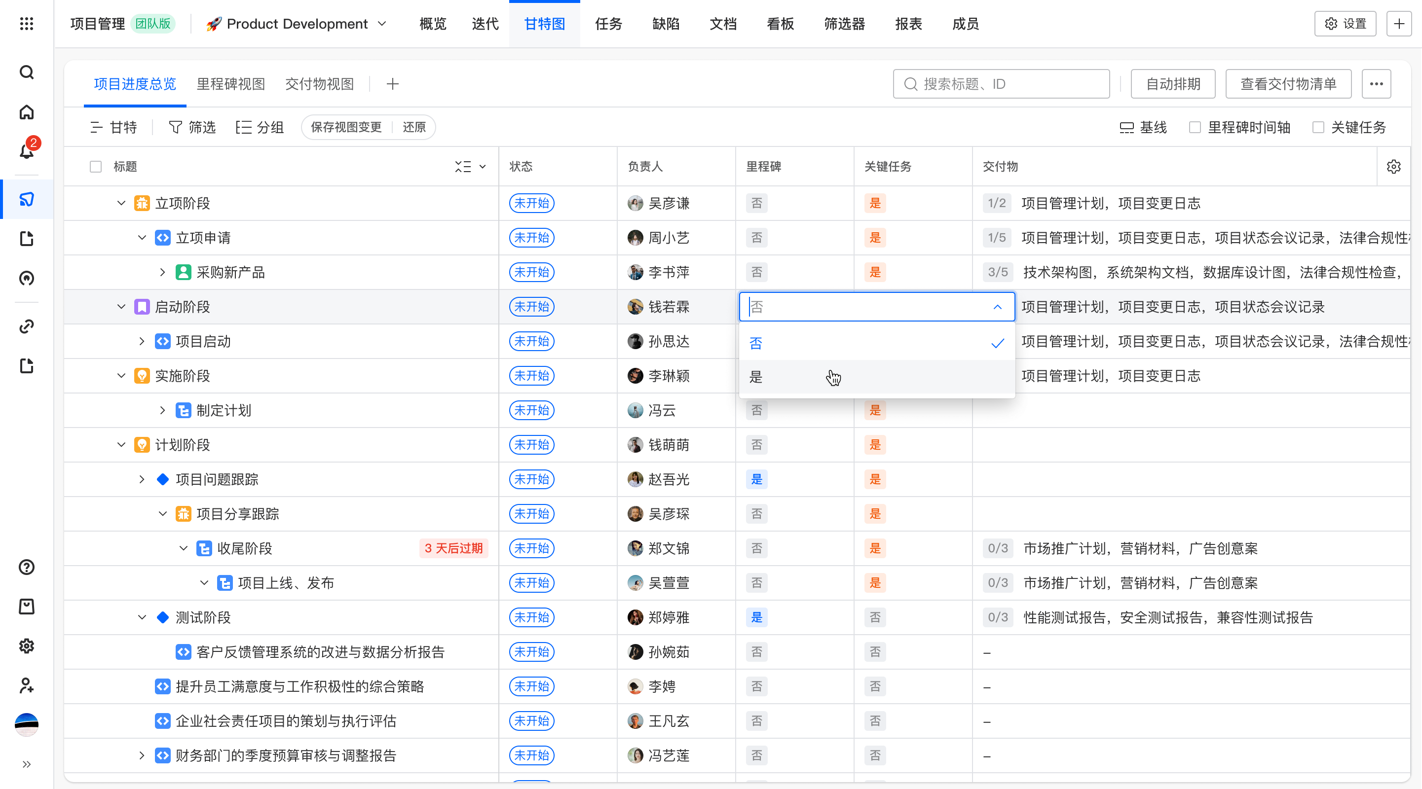 ONES Project 甘特图关键任务标识
